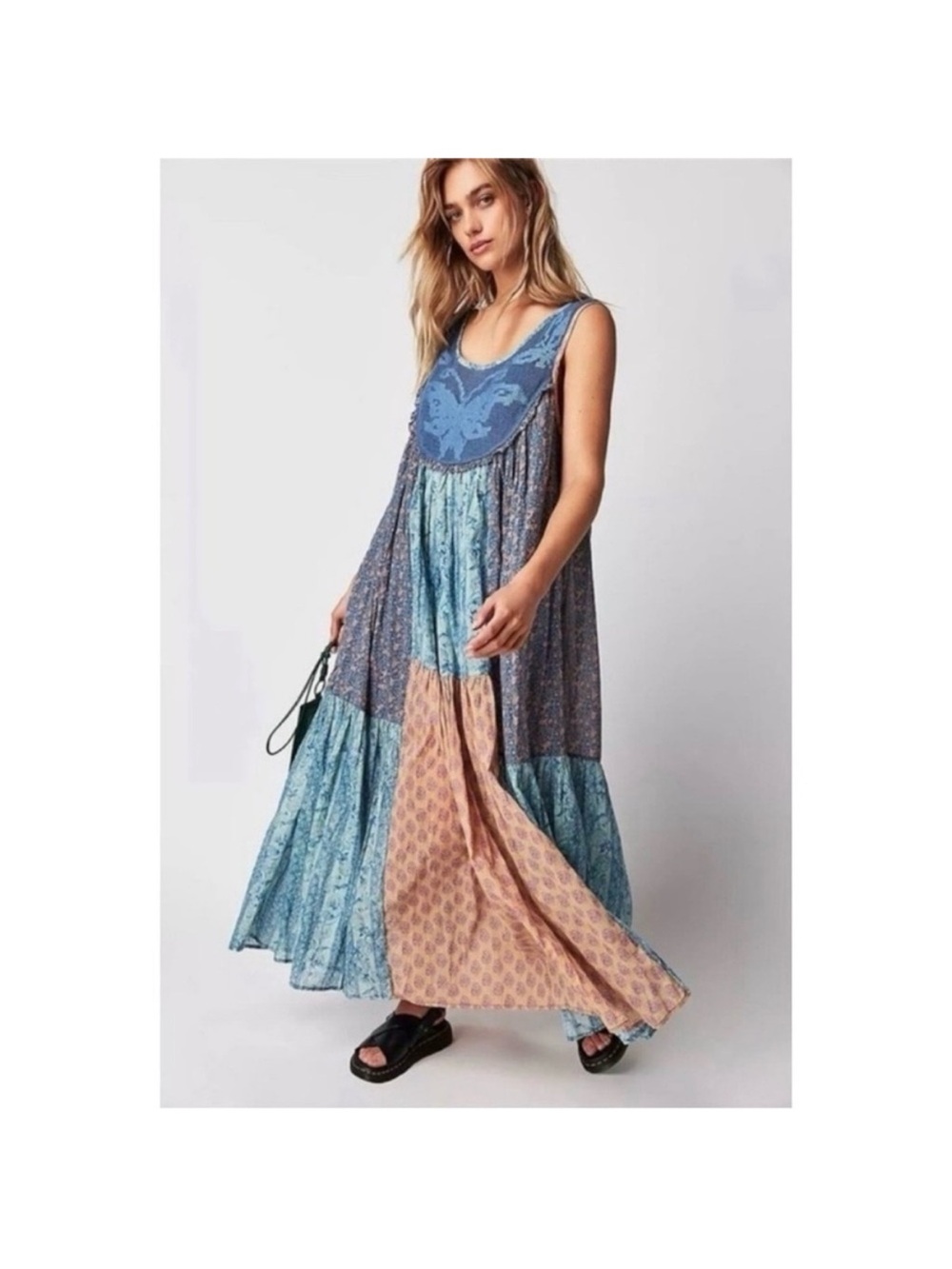 Bohemian Patchwork Maxi Dress in Blue & Peach Free people lost palms small
